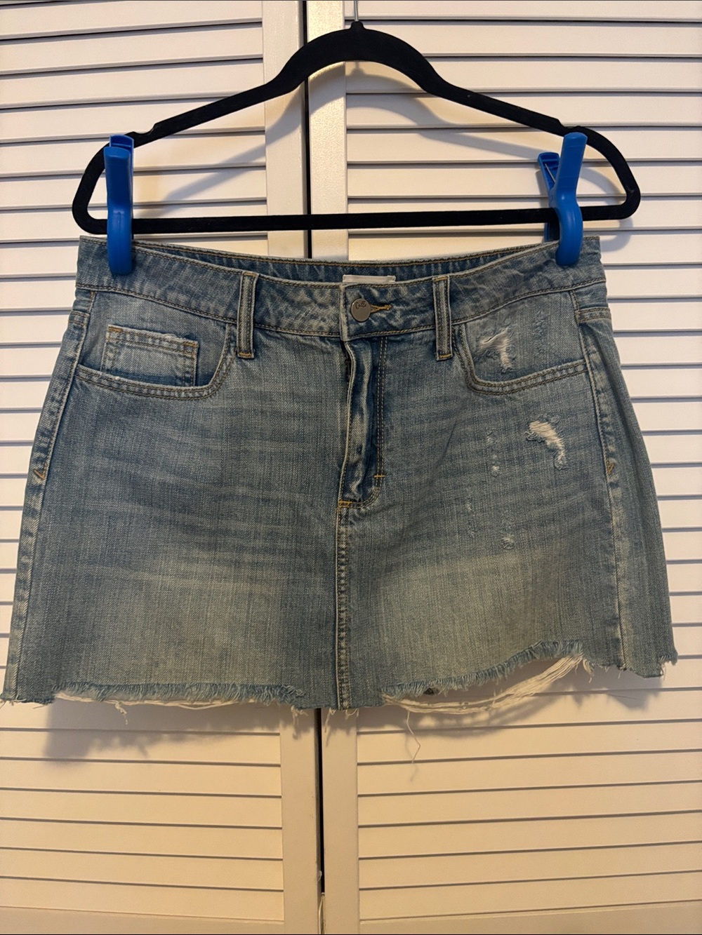 Cello Light Blue Distressed Denim Mini Skirt